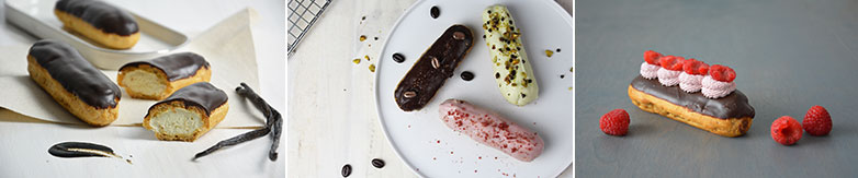 Three images: the left most is of the Classic Vanilla Eclair with Dark Chocolate Ganache. The middle image is of the Espresso Eclair with Dark Chocolate Ganache topped with Mocha Beans covered in Brilliant Powder. The right most image is of Chocolate Raspberry Eclair with Dark Chocolate Ganache, topped with raspberry flavored mousse and raspberry pieces.