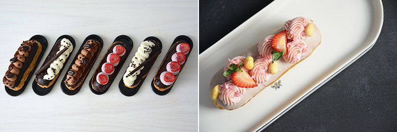 Two images: Pictured Left: Espresso, Vanilla, and Chocolate Raspberry Eclairs with Dark Chocolate Ganache. Espresso: Topped with Chocolate Mousse, Mocha beans, Cocoa Powder, and Chocolate Microdrops. Vanilla: Topped with vanilla flavored mousse, a Chocolate Pencil, and Mini Chocolate Stars. Chocolate Raspberry: Topped with dollops of raspberry flavored mousse and raspberries. Pictured Right: Peanut Butter and Jelly Eclair with Strawberry Ganache, topped with strawberries, peanuts, and strawberry flavored mousse.