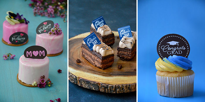 Collection of cake images to display decorations. The left image has pink cakes and mother's day decorations, the middle image has chocolate cakes with fathers day decorations, and the right image has a cupcake against a blue backdrop with graduation decorations.